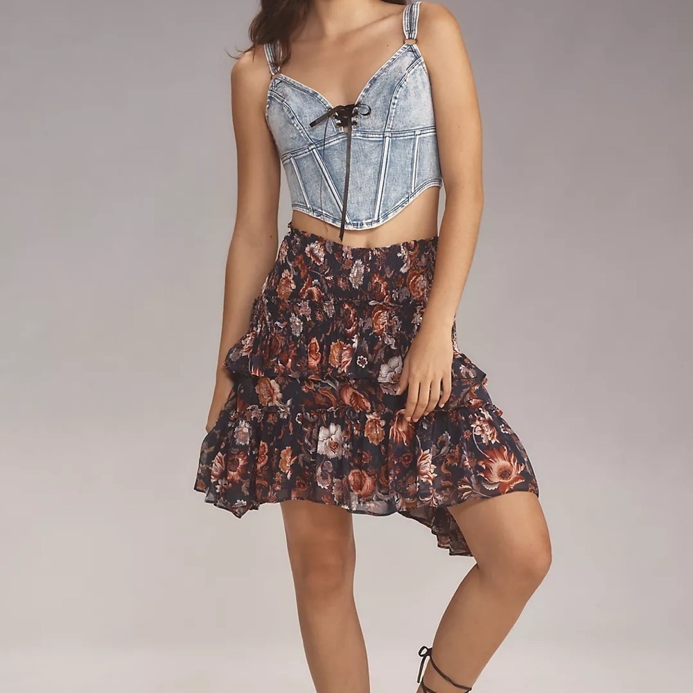 Anthropologie Asymmetrical Smocked Mini Skirt - Picture 2 of 4